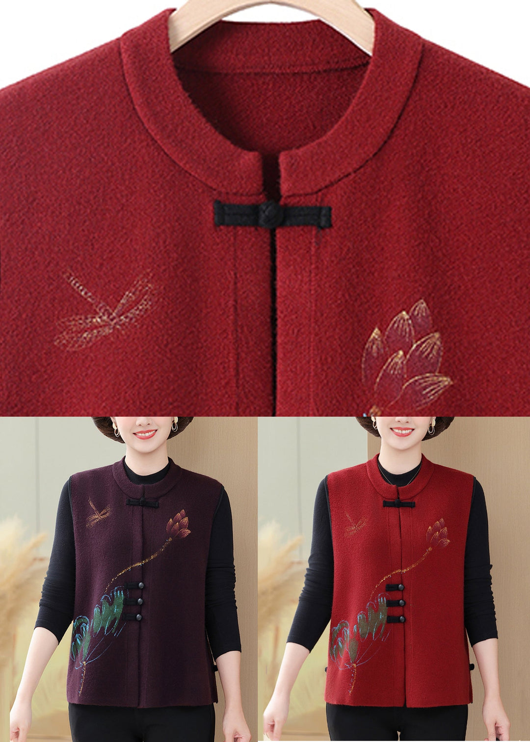 Vintage Red Embroidered Floral Knit Waistcoat Sleeveless