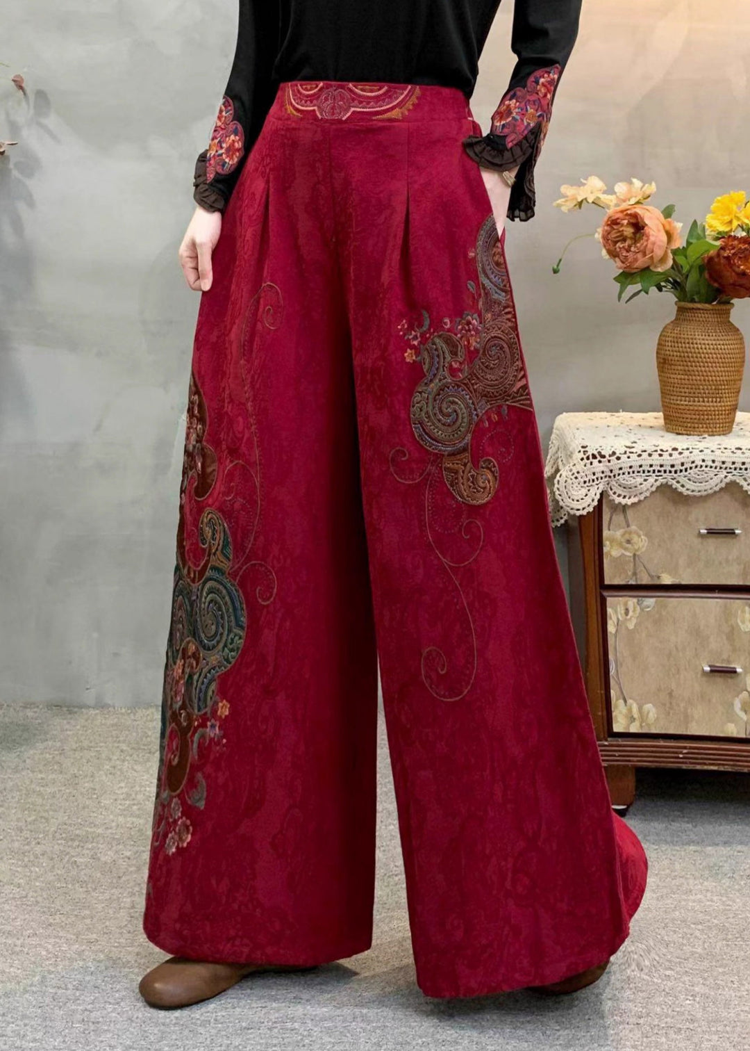 Vintage Red Embroidered Pockets Warm Fleece Pants Winter