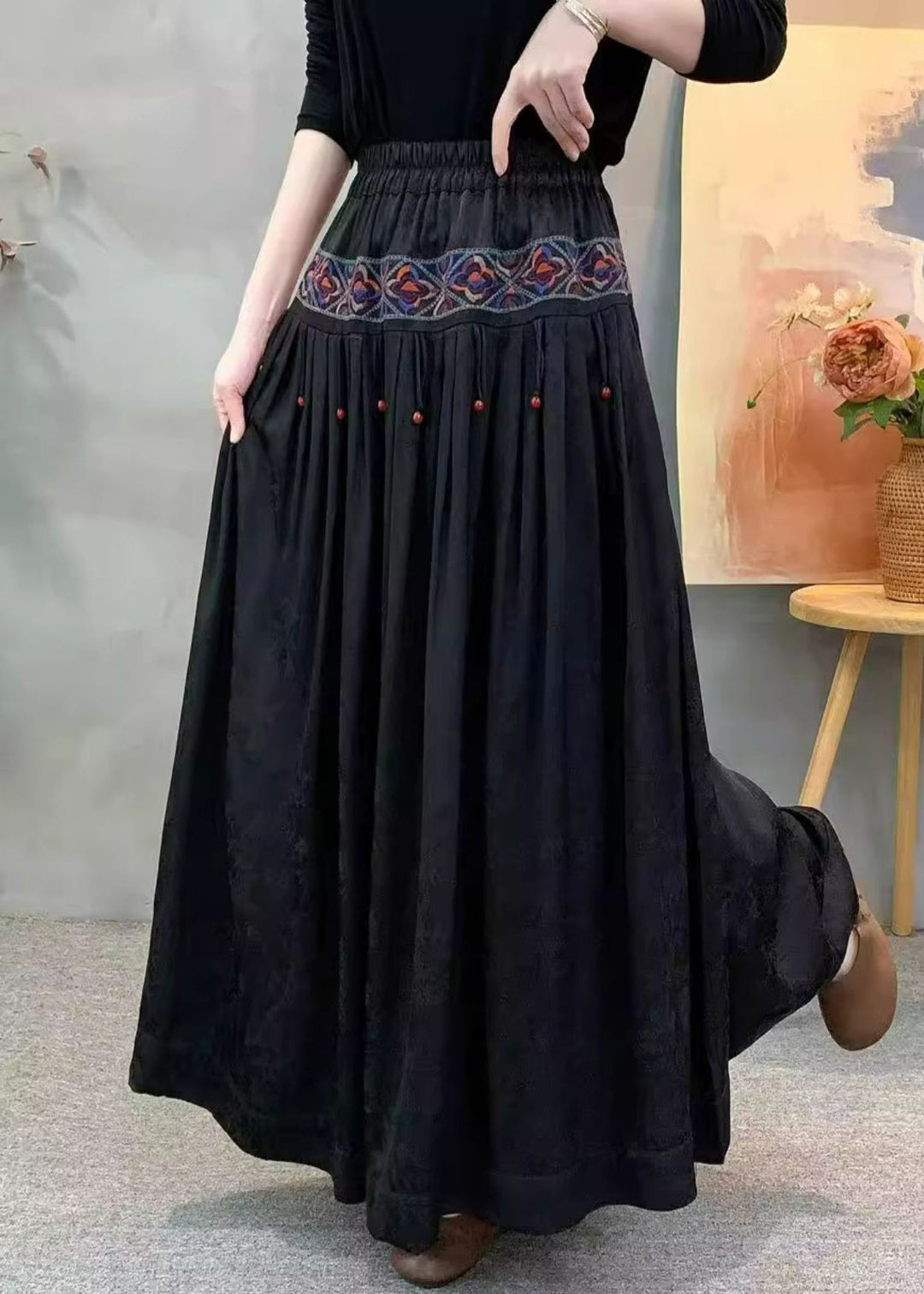 Vintage Red Embroidered Wrinkled Pockets Jacquard Silk Skirt Fall