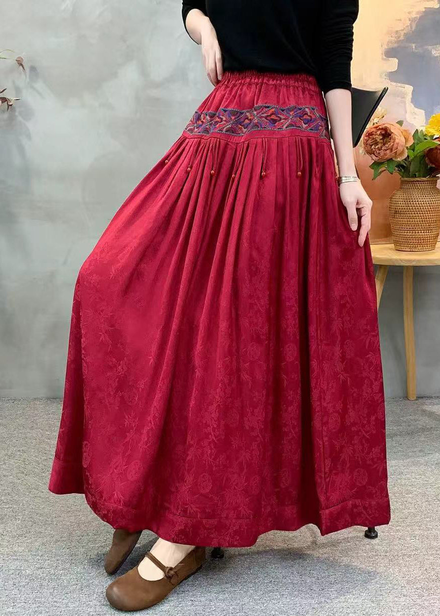 Vintage Red Embroidered Wrinkled Pockets Jacquard Silk Skirt Fall