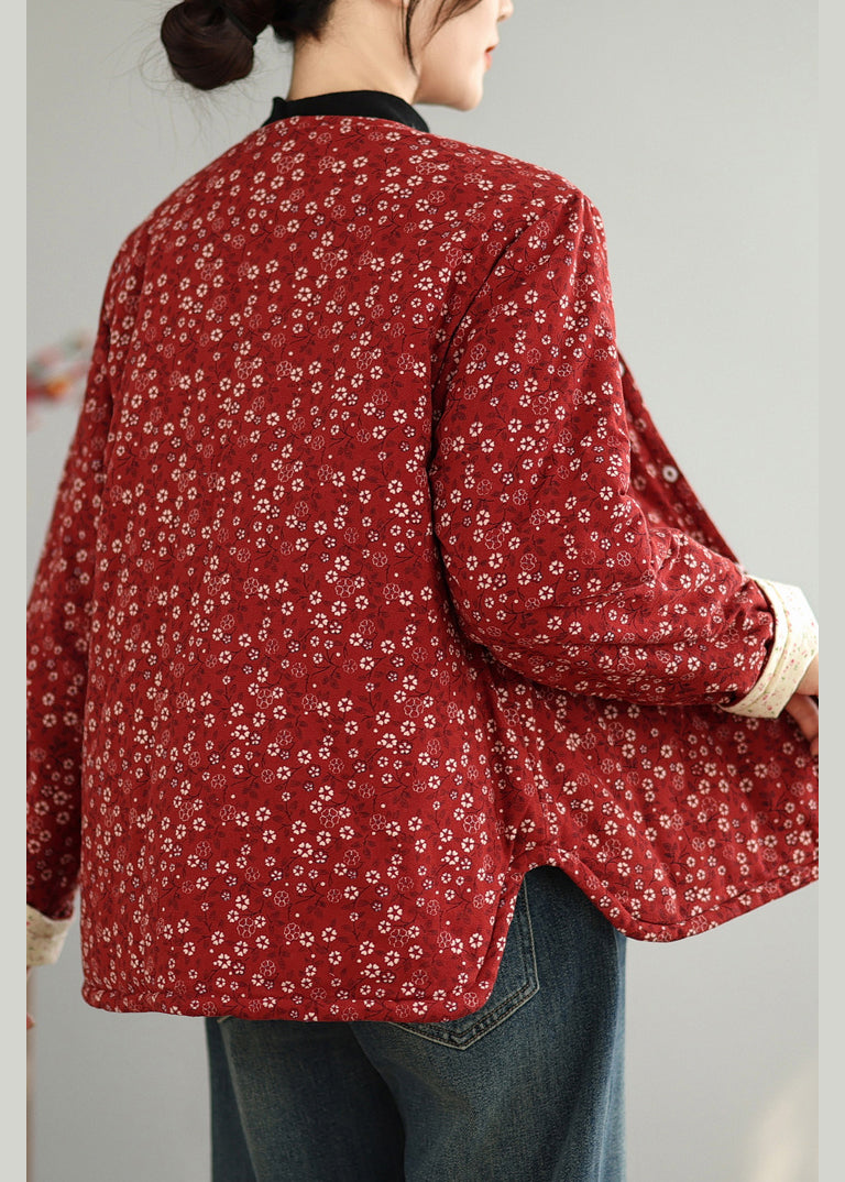 Vintage Red O Neck Button Print Thick Coats Winter