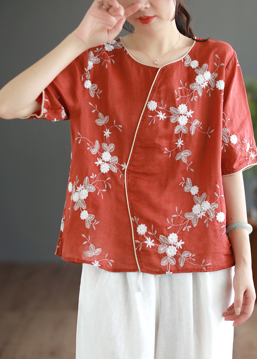 Vintage Red O-Neck Embroidered Linen Tops Half Sleeve