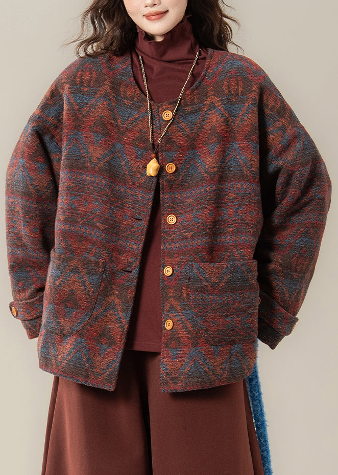 Vintage Red O Neck Print Pockets Cotton Filled Parkas Winter