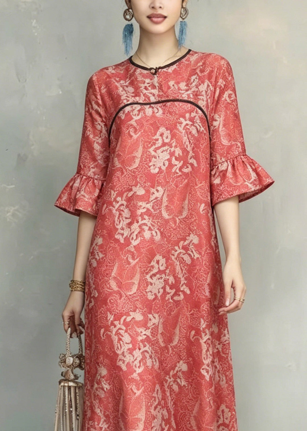 Vintage Red O-Neck Ruffled Patchwork Long Dresses Short Sleeve