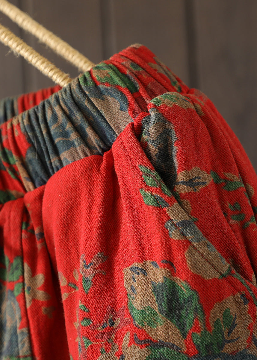 Vintage Red Oversized Print Fine Cotton Filled Pants Winter