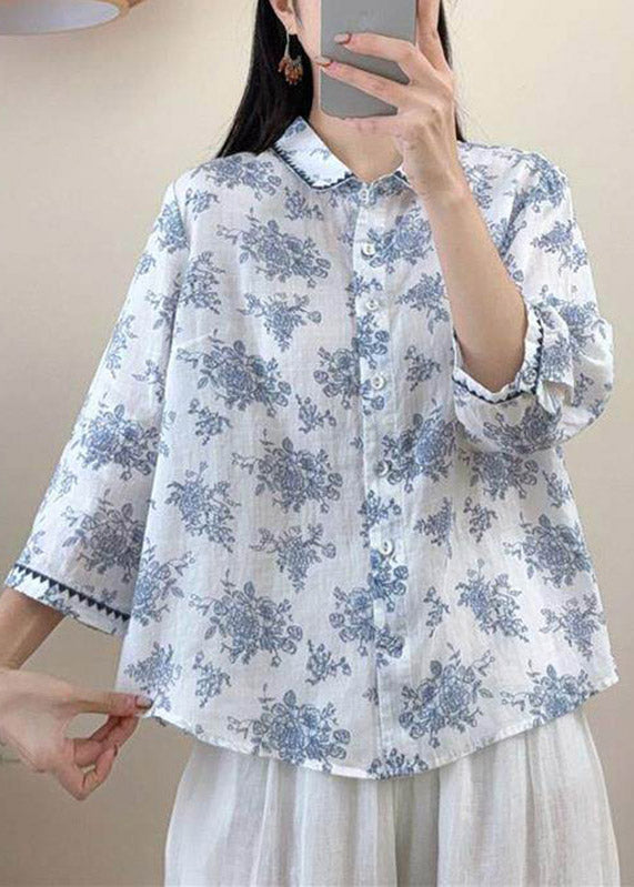Vintage Red Peter Pan Collar Print Linen Shirt Three Quarter Sleeve