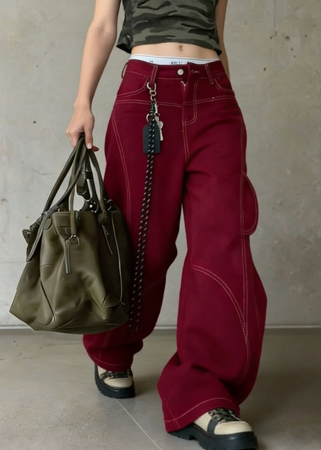 Vintage Red Pockets High Waist Cotton Wide Leg Pants Spring