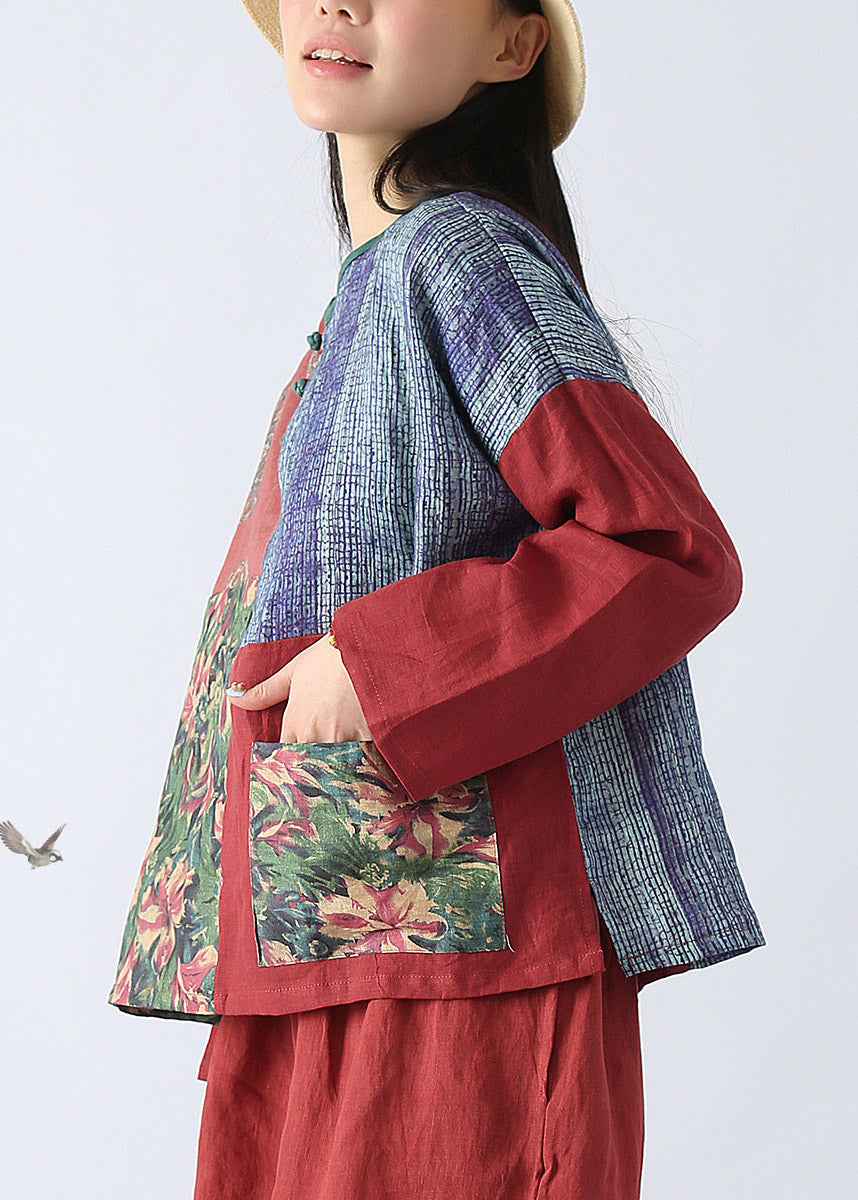 Vintage Red Print Button Shirt Long Sleeve