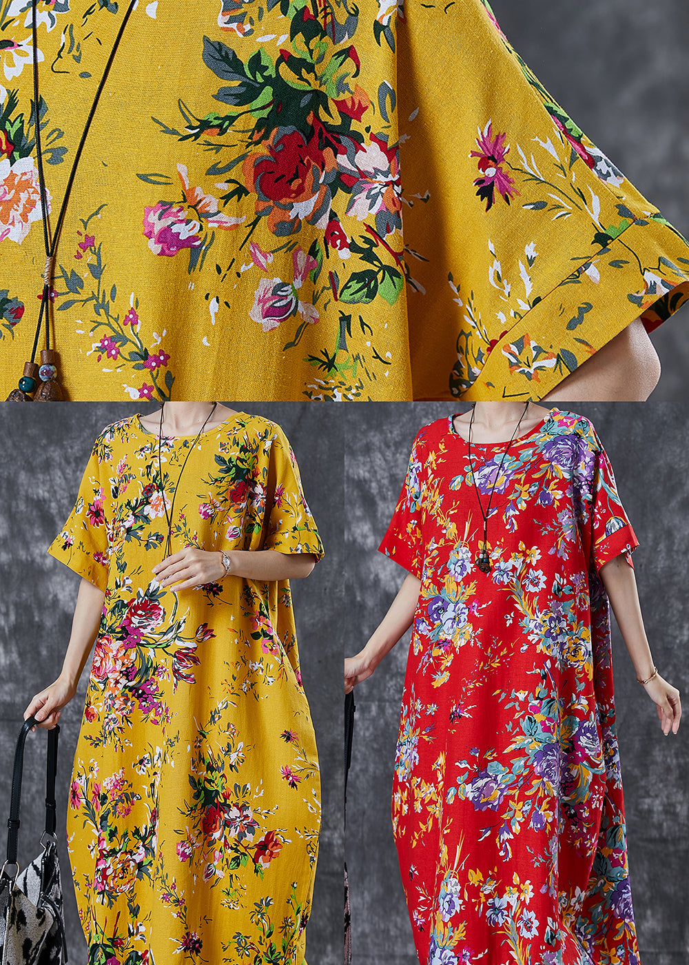 Vintage Red Print Cotton Maxi Dress Oversized Summer