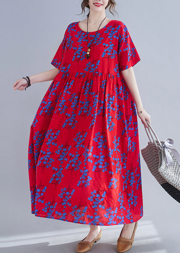 Vintage Red Print Patchwork Maxi Dresses Short Sleeve