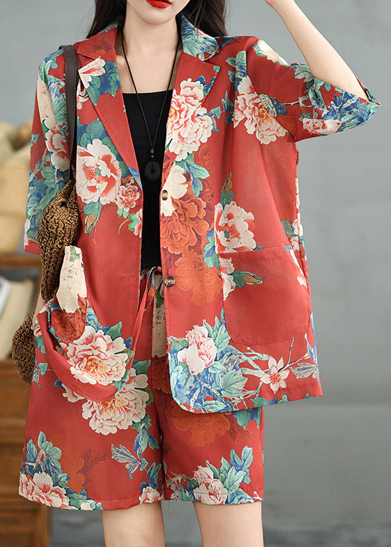 Vintage Red Print Pockets Cotton Two Pieces Set Half Sleeve