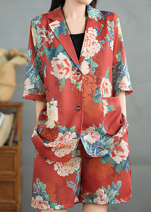 Vintage Red Print Pockets Cotton Two Pieces Set Half Sleeve