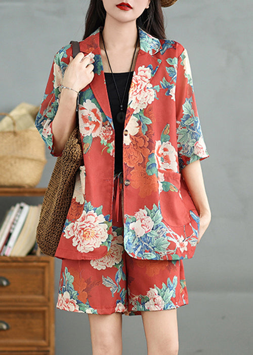 Vintage Red Print Pockets Cotton Two Pieces Set Half Sleeve