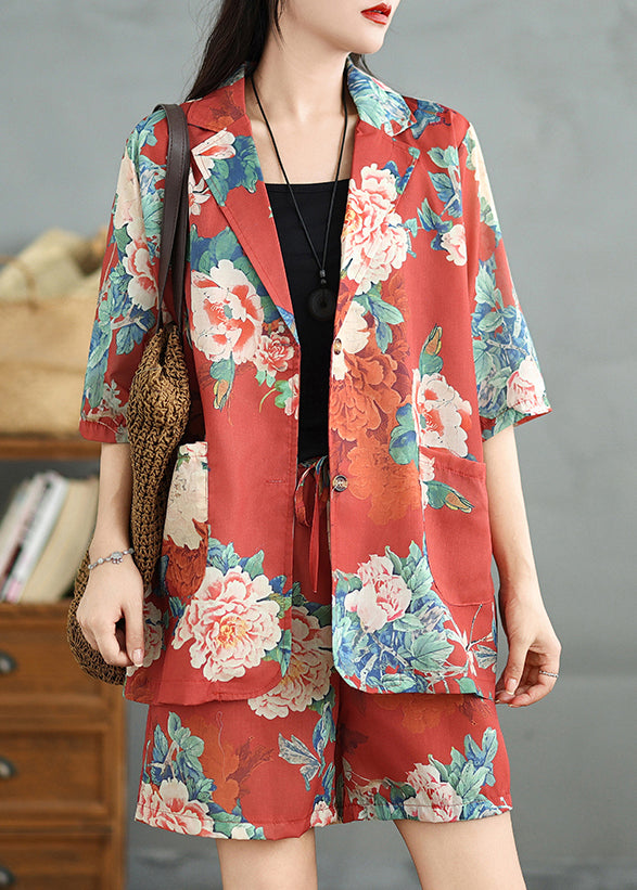Vintage Red Print Pockets Cotton Two Pieces Set Half Sleeve