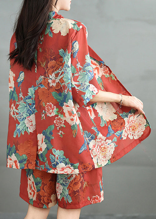 Vintage Red Print Pockets Cotton Two Pieces Set Half Sleeve