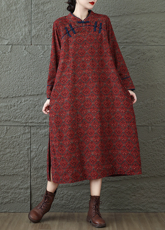 Vintage Red Stand Collar Print Oriental Button Cotton Dress Fall
