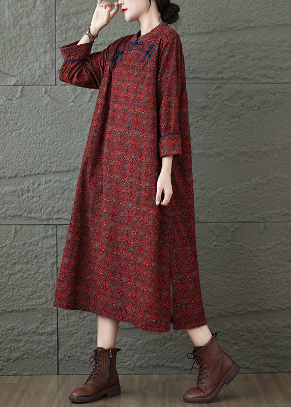 Vintage Red Stand Collar Print Oriental Button Cotton Dress Fall