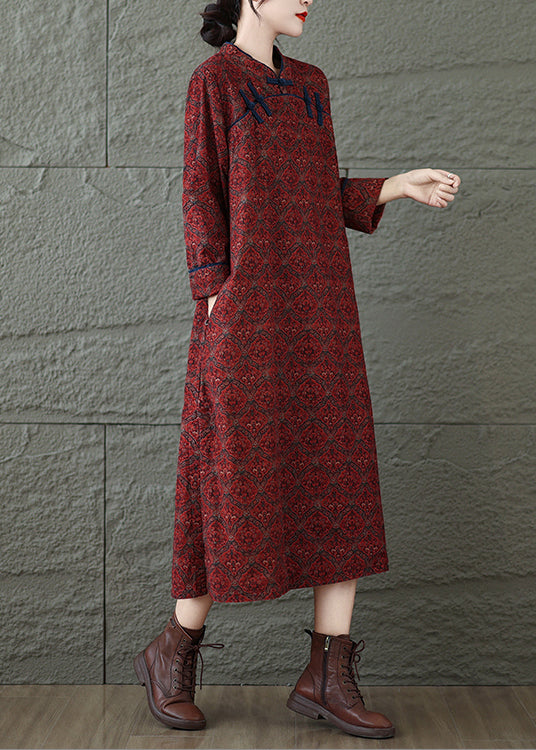 Vintage Red Stand Collar Print Oriental Button Cotton Dress Fall