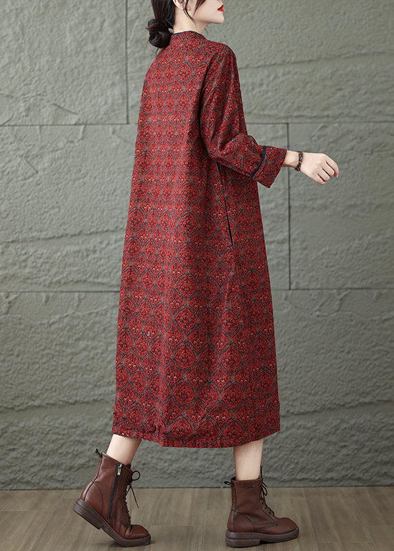 Vintage Red Stand Collar Print Oriental Button Cotton Dress Fall