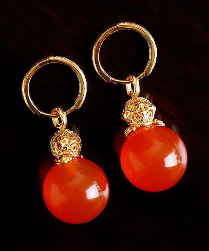 Vintage Red Sterling Silver Overgild Zircon Inlay Agate Drop Earrings