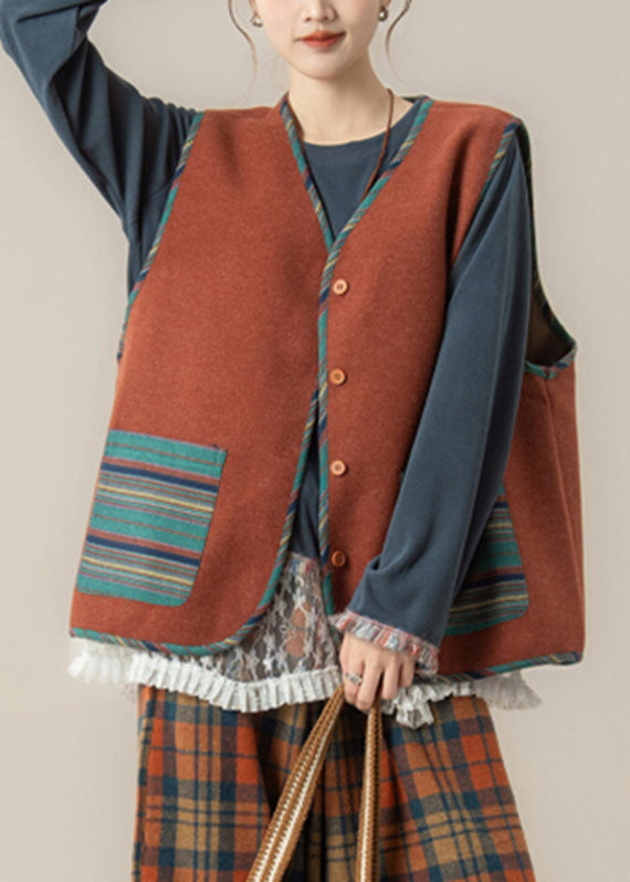 Vintage Red Striped Pockets Button Waistcoat And Top Two Piece Set Fall