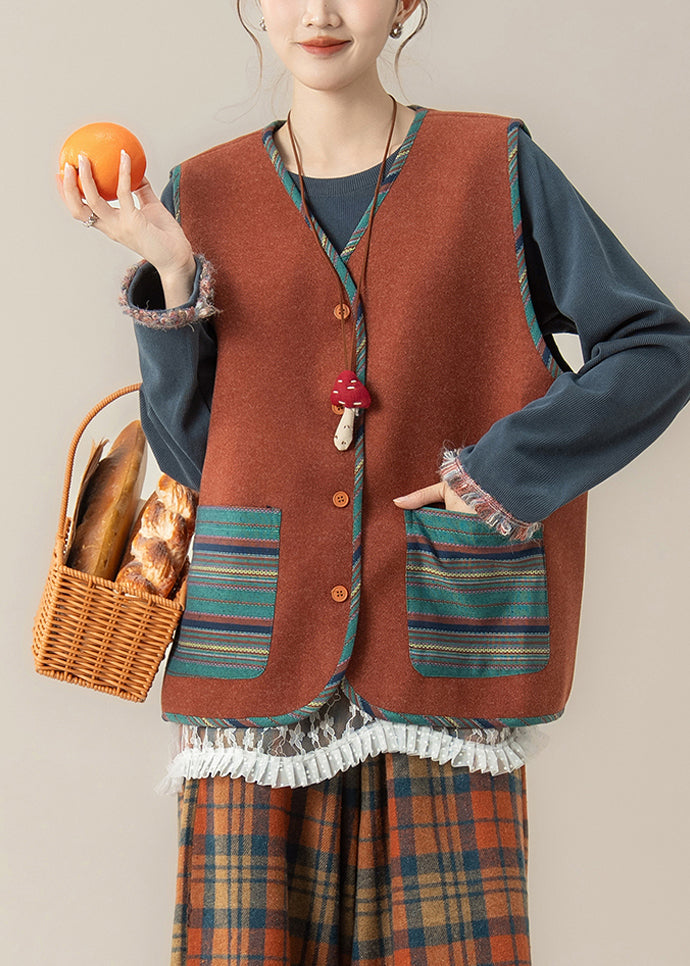 Vintage Red Striped Pockets Button Waistcoat And Top Two Piece Set Fall