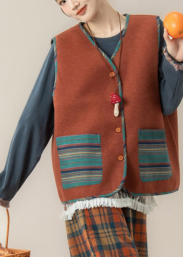 Vintage Red Striped Pockets Button Waistcoat And Top Two Piece Set Fall