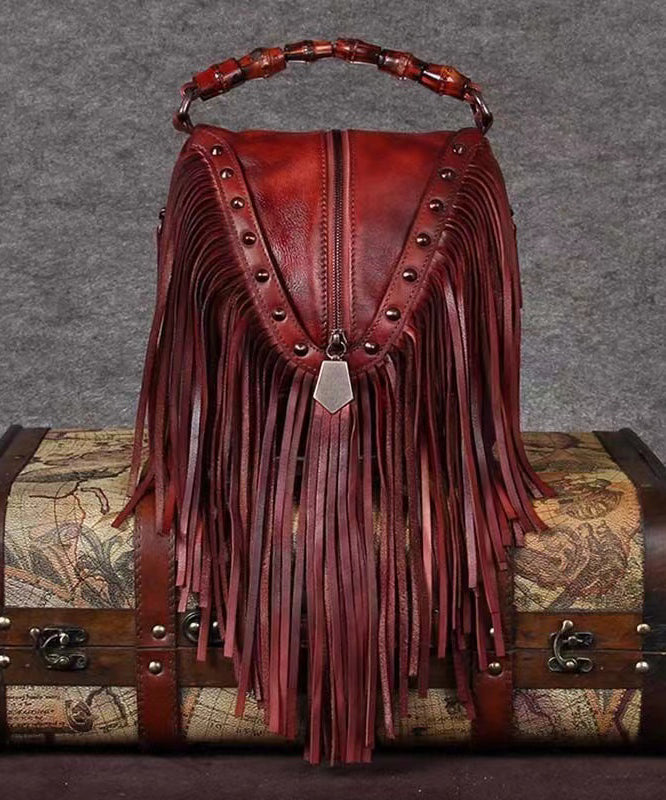 Vintage Red Tassel Rivet Calf Leather Satchel Bag Handbag