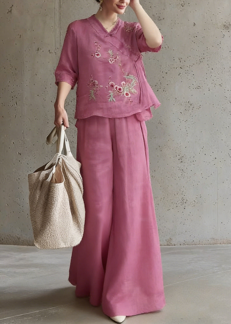 Vintage Rose Embroidered Tie Waist Top And Wide Leg Pants Two Pieces Set Half Sleeve - Omychic