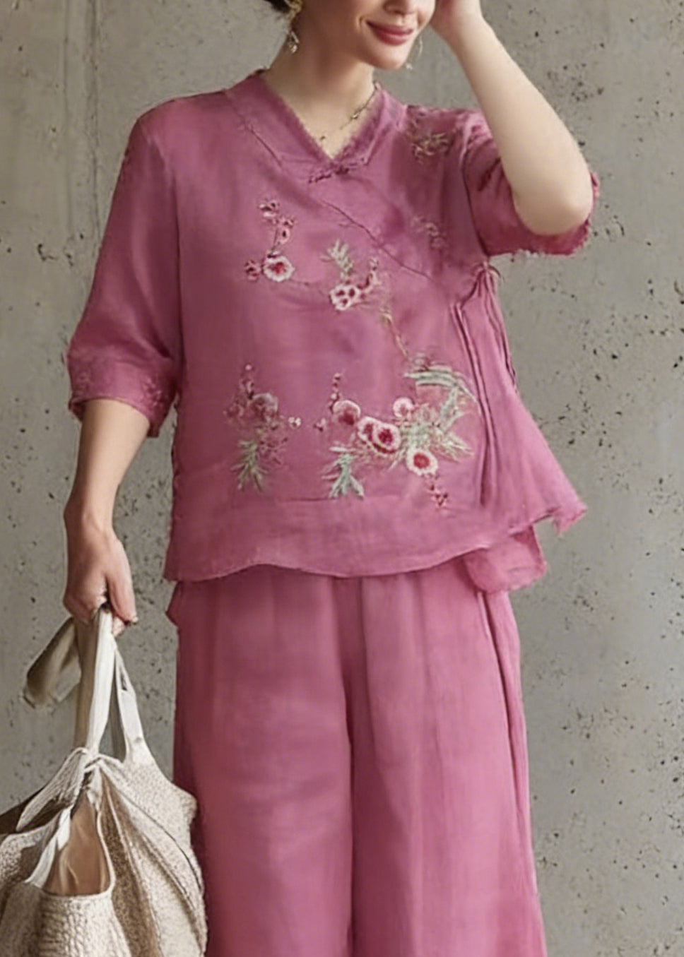 Vintage Rose Embroidered Tie Waist Top And Wide Leg Pants Two Pieces Set Half Sleeve - Omychic