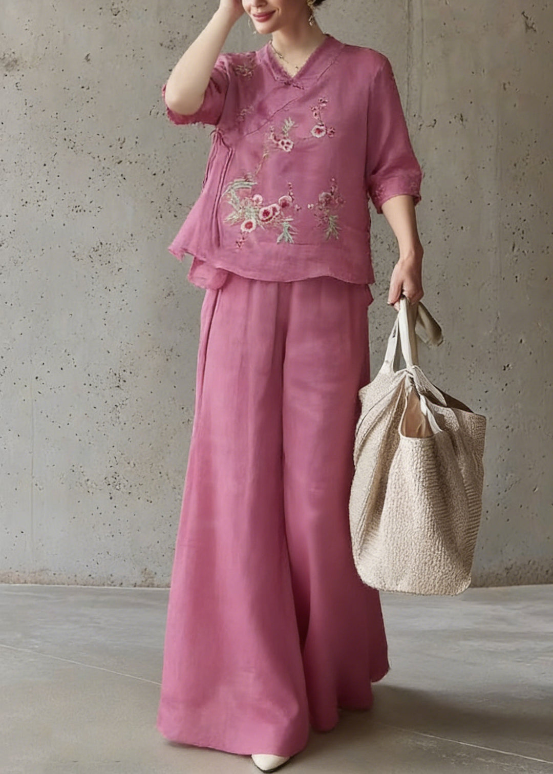 Vintage Rose Embroidered Tie Waist Top And Wide Leg Pants Two Pieces Set Half Sleeve - Omychic
