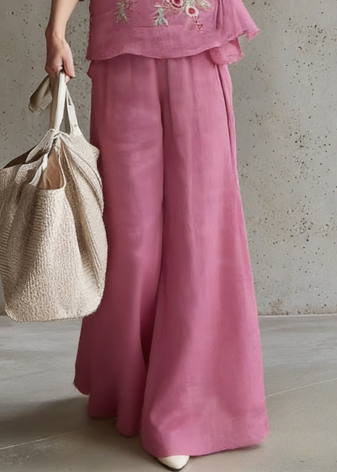 Vintage Rose Embroidered Tie Waist Top And Wide Leg Pants Two Pieces Set Half Sleeve - Omychic