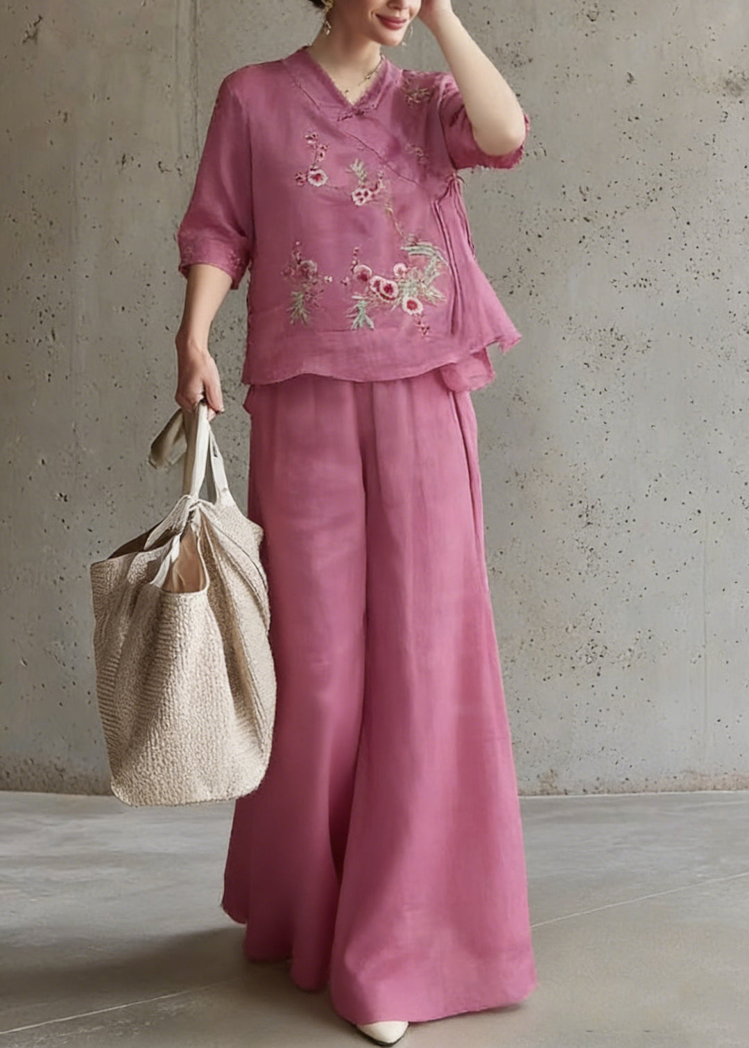 Vintage Rose Embroidered Tie Waist Top And Wide Leg Pants Two Pieces Set Half Sleeve - Omychic