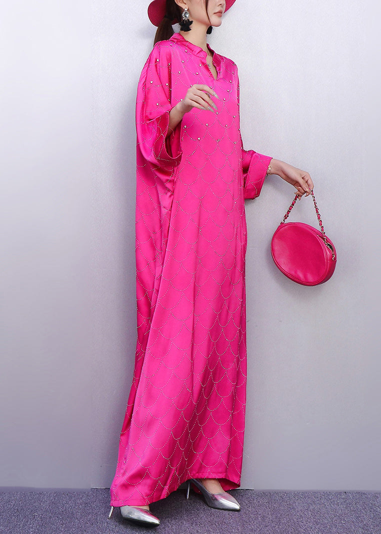 Vintage Rose Print Rhinestone Silk Vacation Dresses Batwing Sleeve