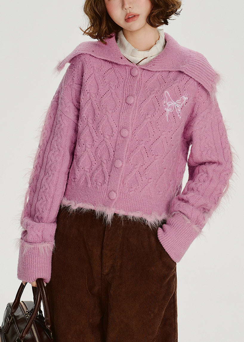 Vintage Rose Sailor Collar Patchwork Faux Fur Knit Cardigan Winter