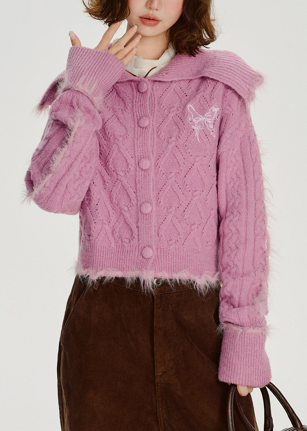 Vintage Rose Sailor Collar Patchwork Faux Fur Knit Cardigan Winter