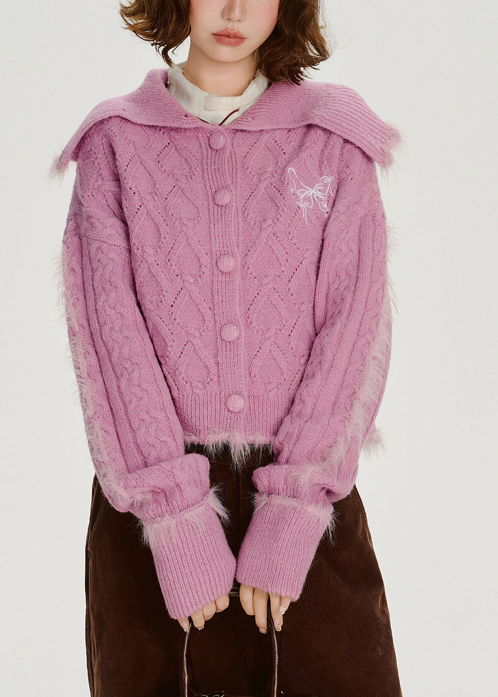 Vintage Rose Sailor Collar Patchwork Faux Fur Knit Cardigan Winter