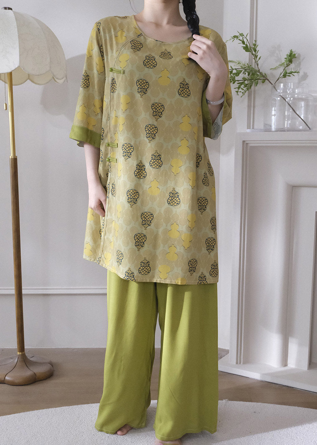 Vintage Rose Side Open Patchwork Pajama Sets Summer