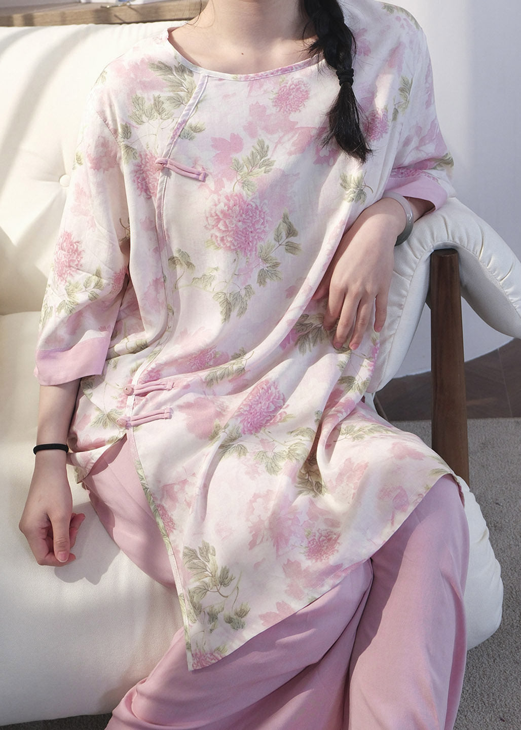 Vintage Rose Side Open Patchwork Pajama Sets Summer