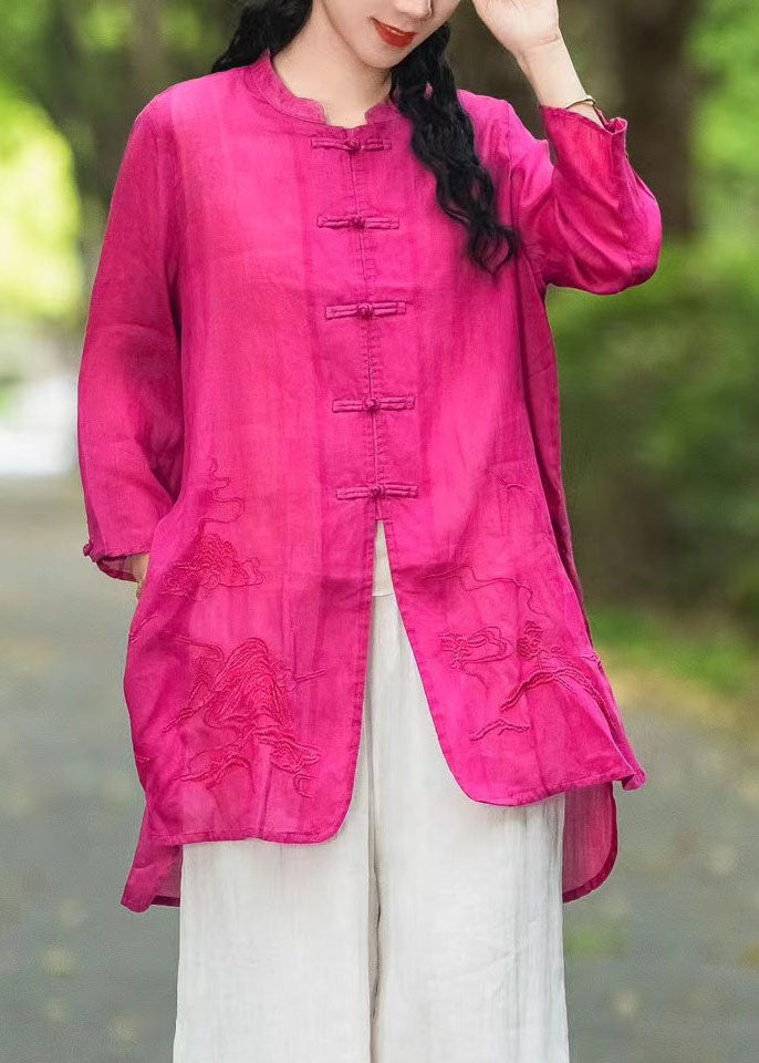 Vintage Rose Stand Collar Embroidered Chinese Button Linen Top Summer