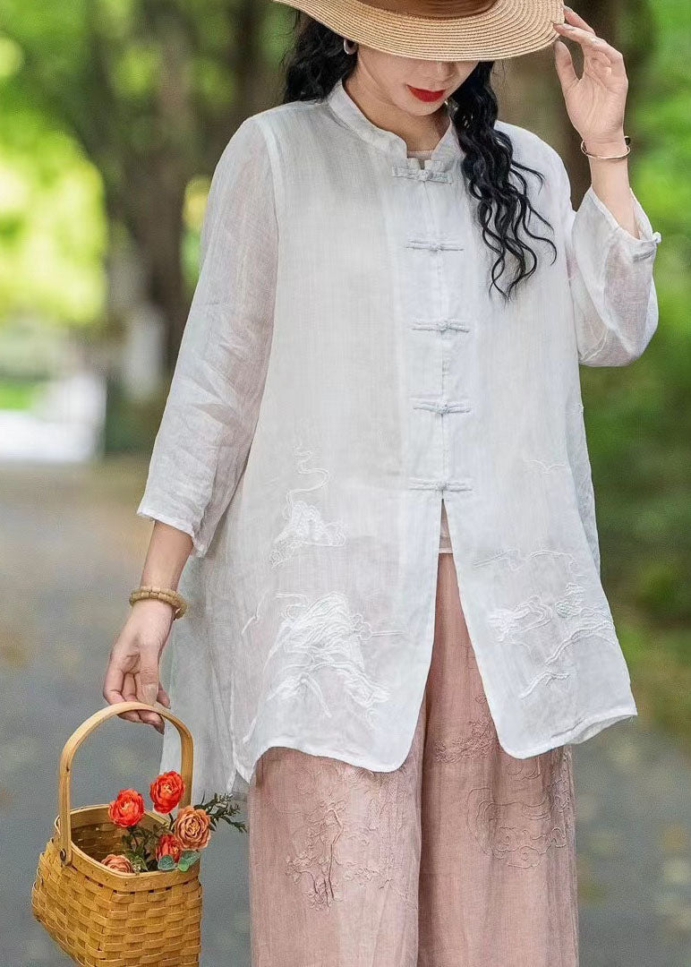 Vintage Rose Stand Collar Embroidered Chinese Button Linen Top Summer