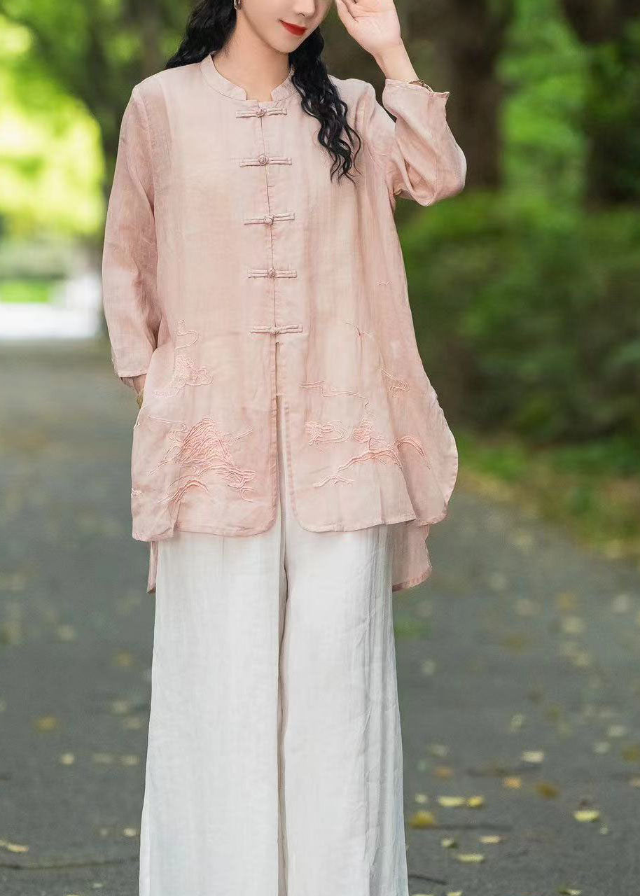 Vintage Rose Stand Collar Embroidered Chinese Button Linen Top Summer