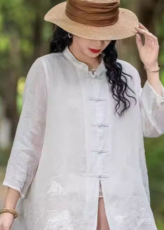 Vintage Rose Stand Collar Embroidered Chinese Button Linen Top Summer