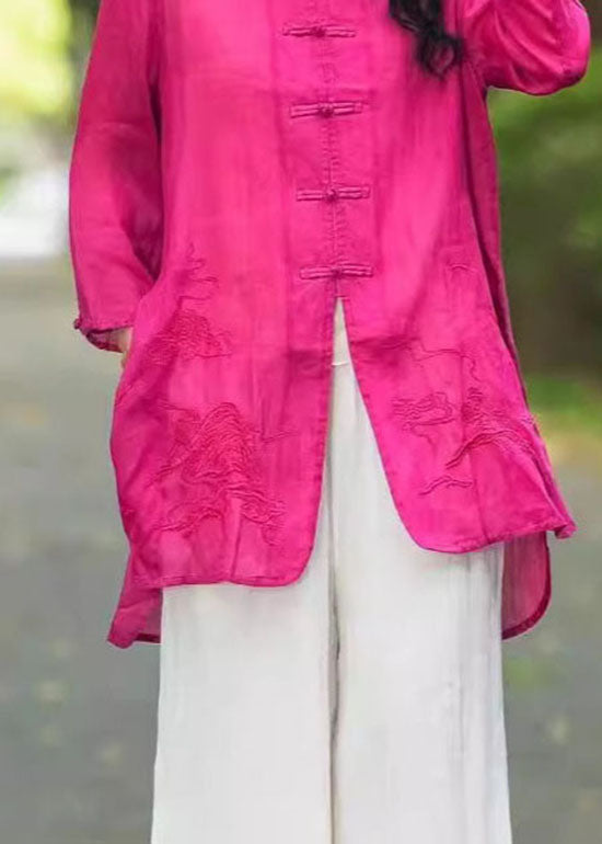 Vintage Rose Stand Collar Embroidered Chinese Button Linen Top Summer