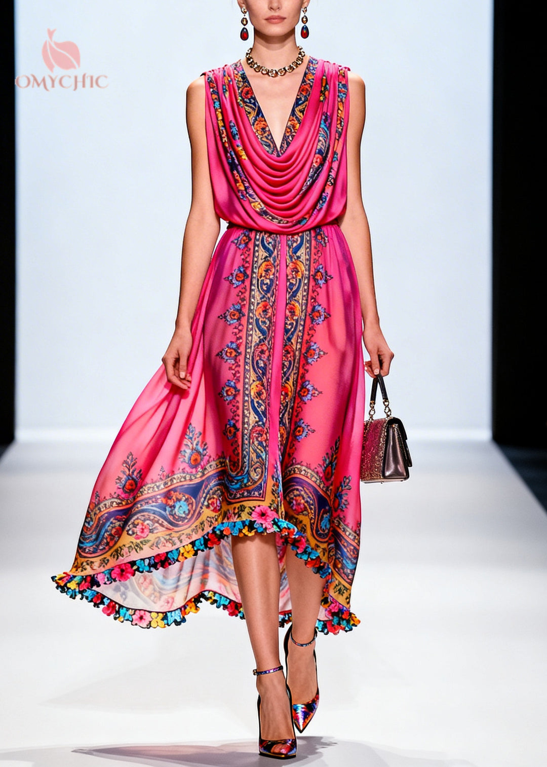 Vintage Rose Turtle Neck Print Chiffon Party Dress Sleeveless