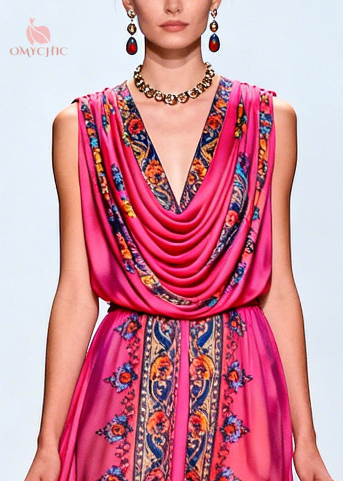 Vintage Rose Turtle Neck Print Chiffon Party Dress Sleeveless