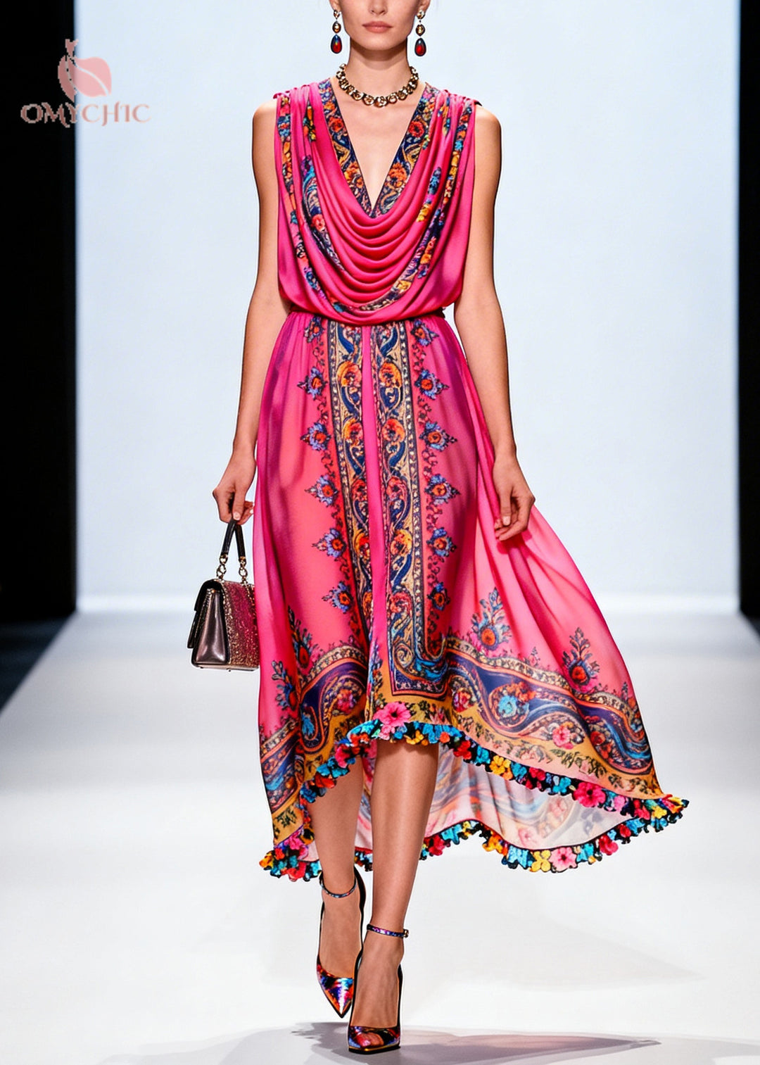 Vintage Rose Turtle Neck Print Chiffon Party Dress Sleeveless