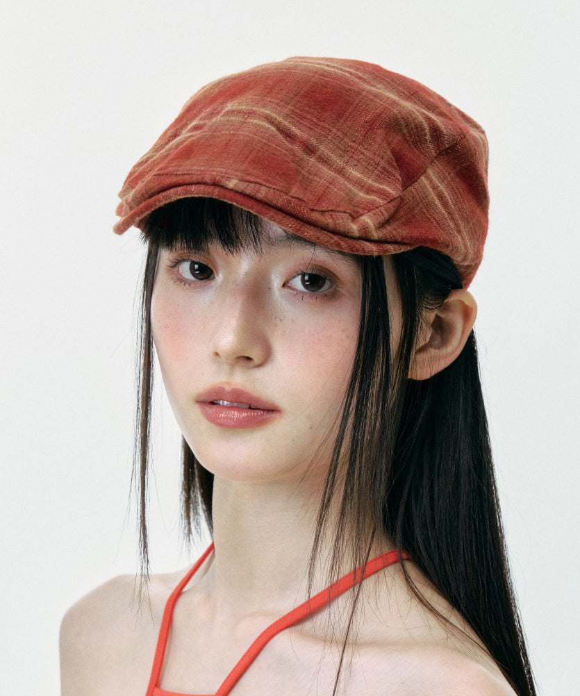 Vintage Rust Red Plaid Painter's Beret Hat
