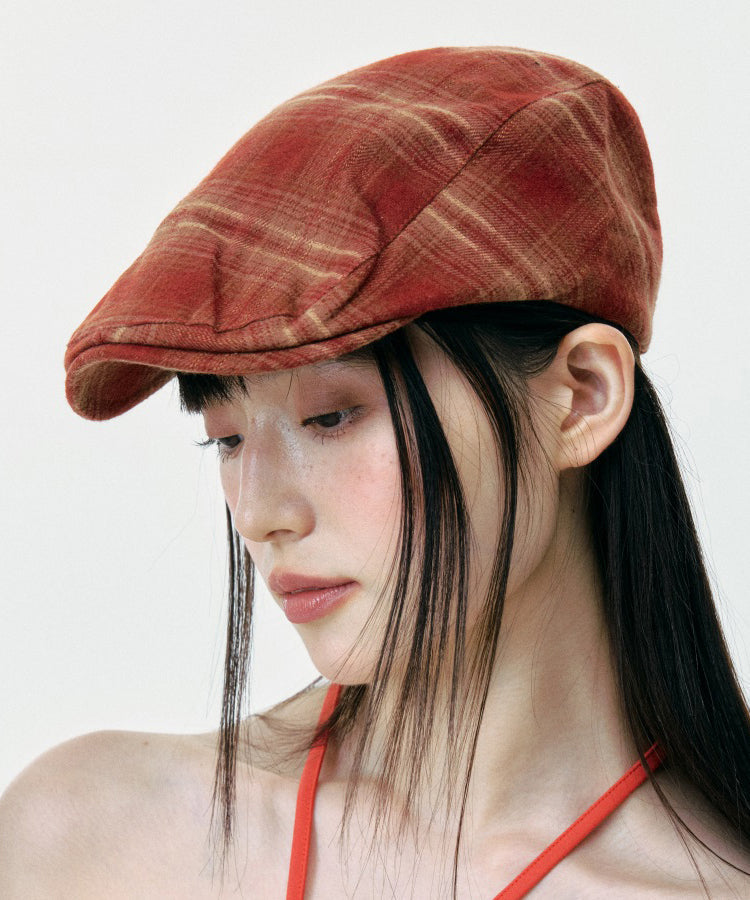 Vintage Rust Red Plaid Painter's Beret Hat