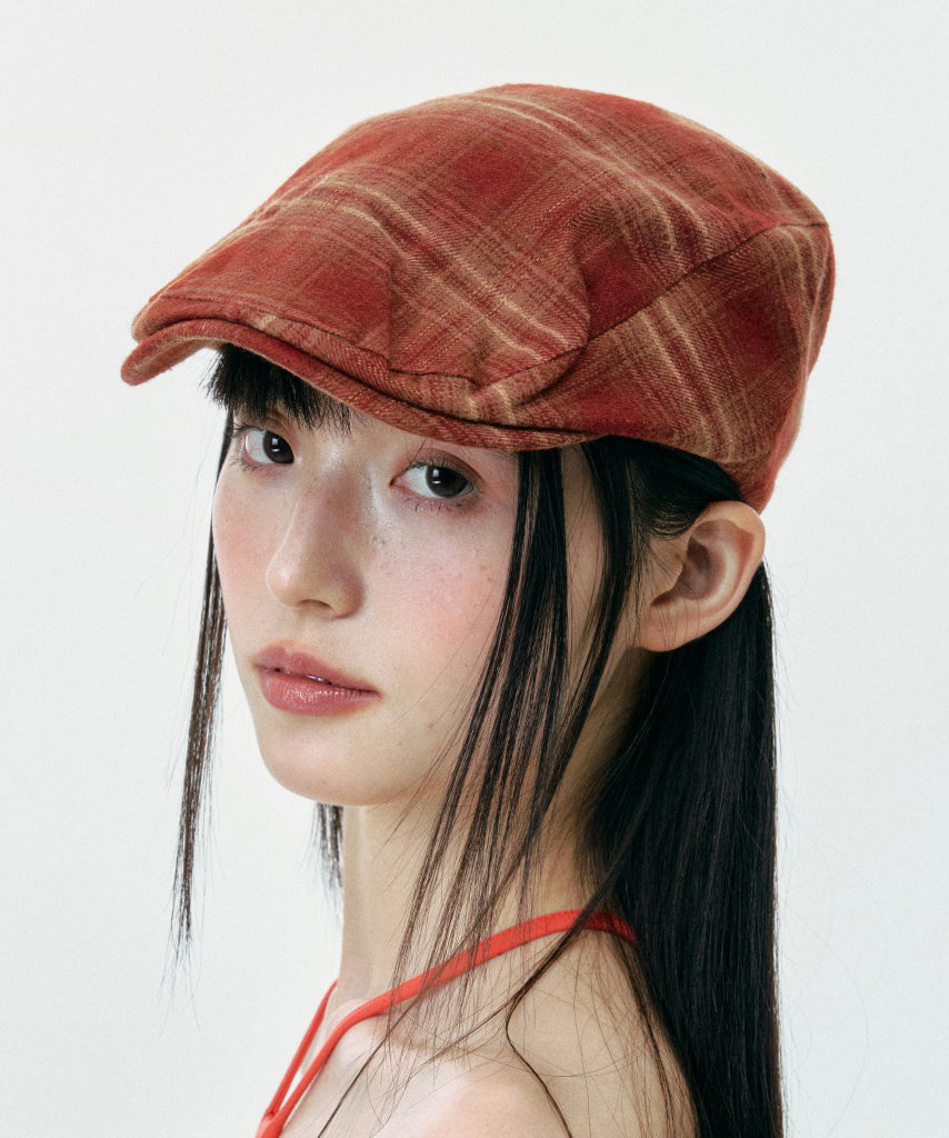 Vintage Rust Red Plaid Painter's Beret Hat